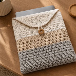 Puede incluir: Una funda de ganchillo rectangular para portátil con un diseño tricolor de bandas horizontales en color crema, beige y gris claro. La funda tiene una solapa triangular asegurada por un botón de madera redondo en el centro.