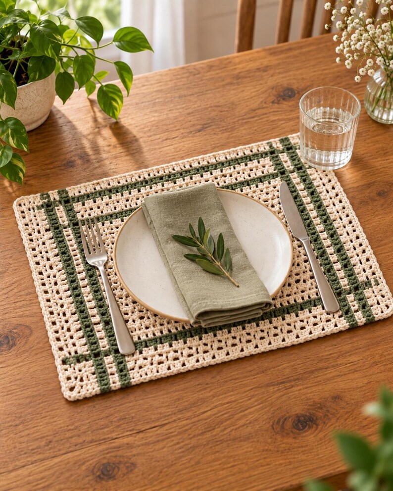 Op de afbeelding: Een rechthoekige gehaakte placemat met een cr&egrave;mekleurig opengewerkt patroon en donkergroene rasterlijnen. In het midden staat een rond keramieken bord, met daarop een gevouwen saliegroene linnen servet, een klein olijftakje, een zilveren vork en een mes.
