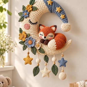 Peut inclure: Une décoration murale en crochet représentant un croissant de lune crème au visage endormi, orné de fleurs bleues et jaunes et de feuilles vertes. Un petit renard orange et blanc dort sur la lune, coiffée d'un bonnet bleu et d'étoiles.