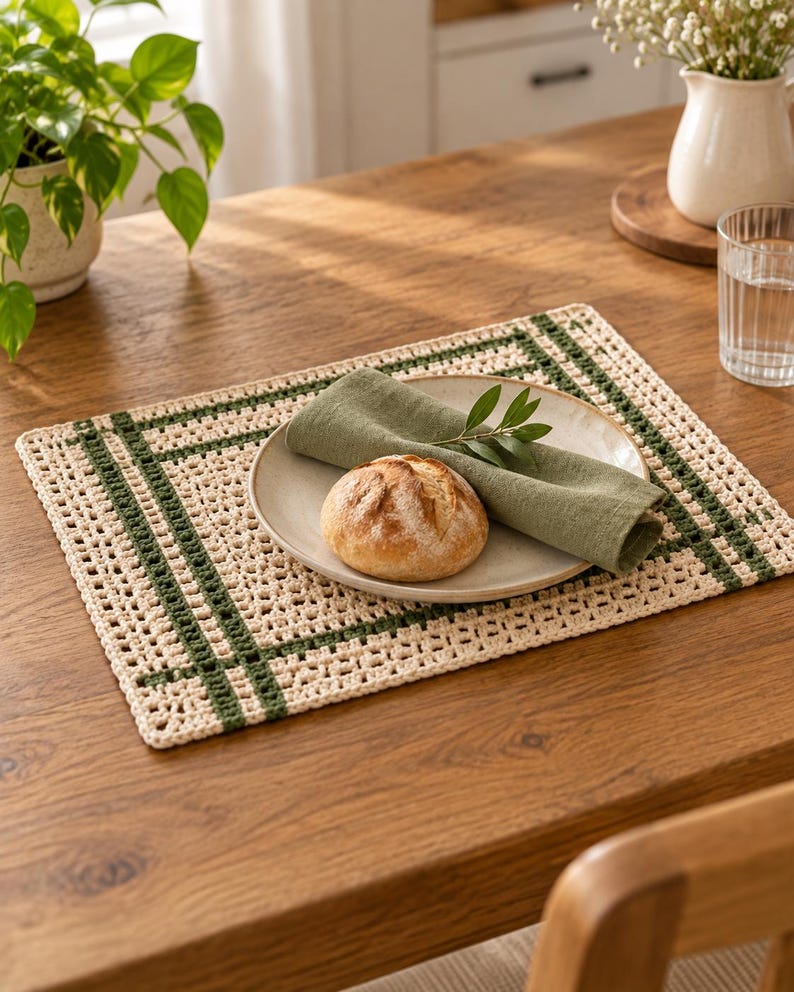 Op de afbeelding: Een rechthoekige gehaakte placemat met een gebroken witte basis en donkergroene rastervormige strepen. Op de placemat staat een rond keramisch bord met een knapperig broodje en een gevouwen olijfgroen linnen servet met een groen takje.