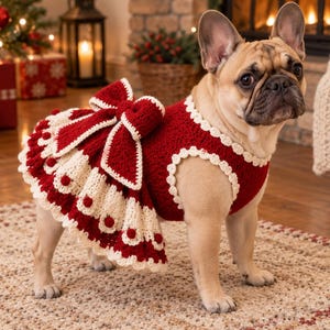 May include: A fawn-colored French Bulldog wearing a dark red crocheted dress with a large matching bow on the back. The dress features a cream-colored scalloped trim along the neckline, armholes, and the hem of the skirt, accented with small red pom-poms.
