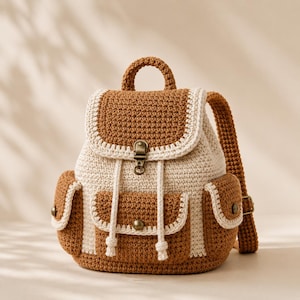 May include: A handmade crochet backpack in cream and brown. The bag features a flap closure, two front pockets, and adjustable straps. The backpack has a top handle and a metal clasp. The crochet work is detailed and the bag appears sturdy.