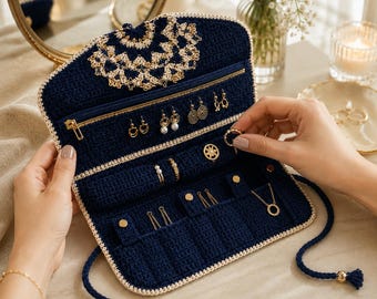 Gehäkelter Schmuck Organizer Muster, Navy Travel Roll PDF, Ohrring Ring Aufbewahrungsetui