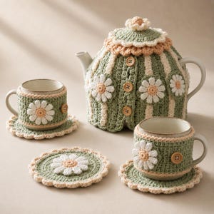 Könnte beinhalten: Ein gehäkeltes Tee-Set in Salbeigrün und Creme, bestehend aus einer Teekannenhaube, zwei Tassenwärmern und drei passenden Untersetzern. Jedes Teil ist mit weißen und pfirsichfarbenen Gänseblümchen-Applikationen und kleinen Holzknöpfen verziert.