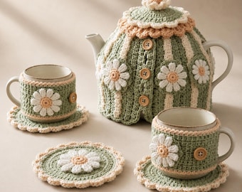 Patrón de ganchillo para funda de tetera Daisy Tea Cozy Set, funda para taza, posavasos (PDF)