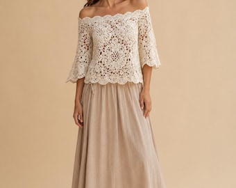 Schulterfreies Häkelbluse Muster PDF, Florale Spitze Top, Romantisch Garten Sommer Shirt