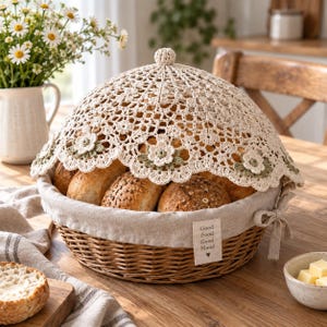 May include: A round woven wicker basket filled with crusty bread rolls, lined with beige fabric featuring a tag that reads Good Food Good Mood, and covered by a cream-colored crocheted dome with floral accents and a scalloped edge.