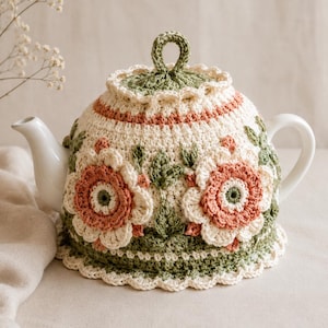 Op de afbeelding: Een witte keramische theepot bedekt met een gehaakte theemuts in een crèmekleurige basis met saliegroene en oudroze bloemmotieven. De theemuts heeft een geschulpte rand, een bijpassende gehaakte dekselknop en een lus aan de bovenzijde.
