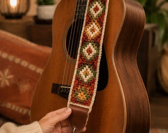 Patrón de ganchillo para correa de guitarra, accesorio bohemio vintage hippie, tutorial en PDF de tapiz retro para abuela, borla folk, regalo para músico acústico