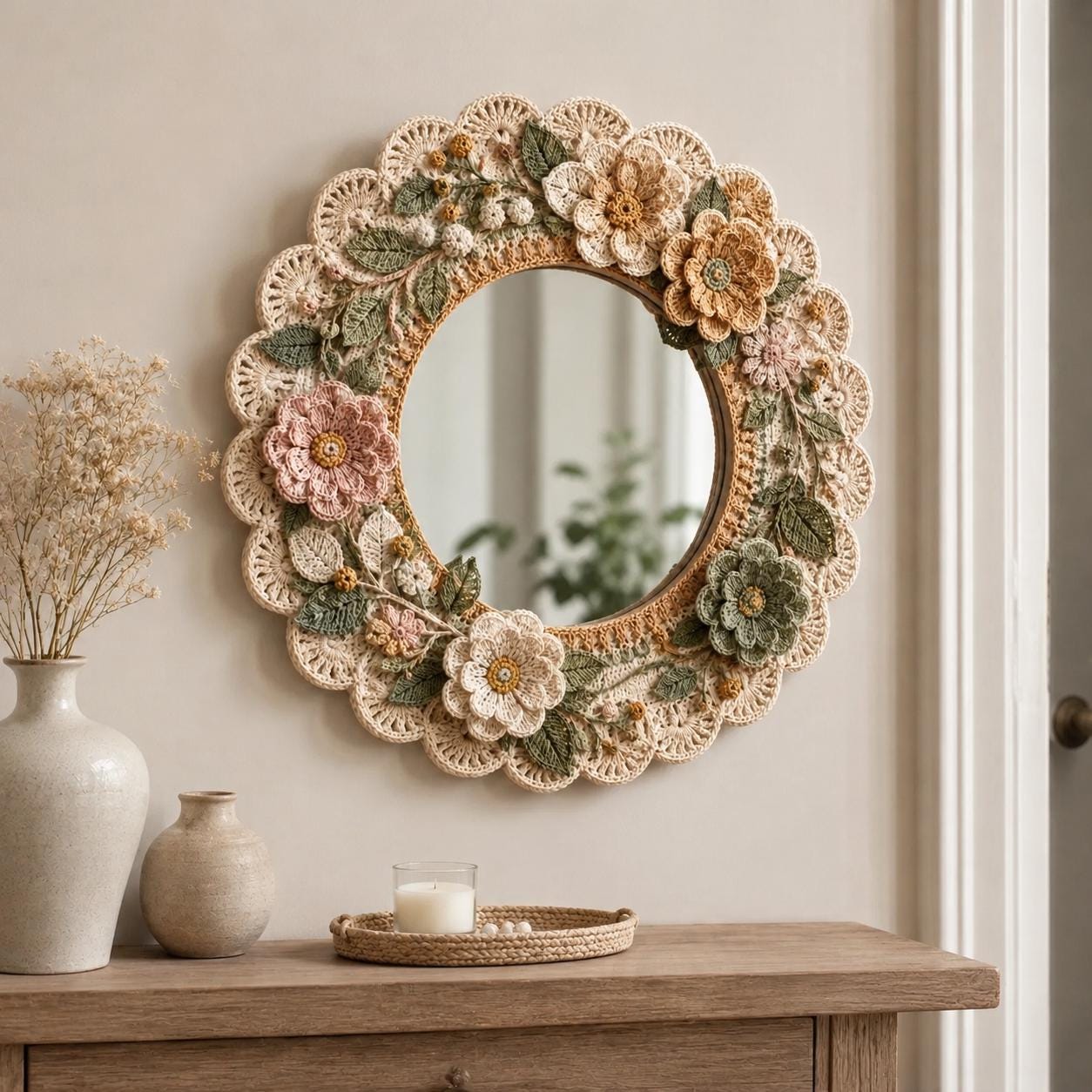 30 Framed Crochet Wall Art Patterns for Stylish, Handmade Decor 19 Floral Round Lace Mirror Frame Pattern
