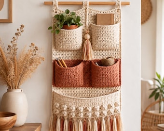 Gehäkelter Wand Veranstalter PDF Muster, Boho Hängen Tasche Caddy Anleitung, Quaste Haus Aufbewahrung Dekor