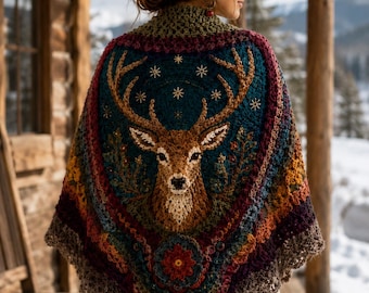 Hirsch Schal häkeln, Häkelanleitung: Cottagecore Hirsch Wrap, Boho Wald Dreieckstuch, Folk Winter Accessoire, gemütliches Weihnachts-Geschenk (PDF Download)