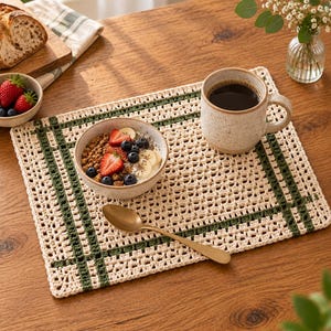 Op de afbeelding: Een rechthoekige gehaakte placemat met een gebroken wit opengewerkt ruitpatroon, geaccentueerd door twee elkaar kruisende donkergroene strepen. De placemat ligt op een houten ondergrond en bevat een keramische kom met fruit en granola, een mok en een lepel.