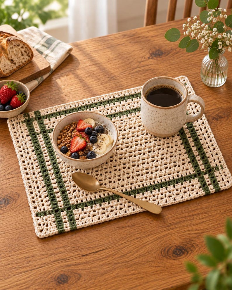 Op de afbeelding: Een rechthoekige gehaakte placemat met een gebroken wit opengewerkt ruitpatroon, geaccentueerd door twee elkaar kruisende donkergroene strepen. De placemat ligt op een houten ondergrond en bevat een keramische kom met fruit en granola, een mok en een lepel.