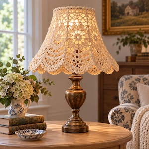 Peut inclure: Une lampe de table avec une base en métal couleur bronze foncé et un abat-jour en crochet crème orné d'un motif floral et d'un bord festonné. La lampe diffuse une lueur chaude, mettant en valeur le travail complexe du textile.