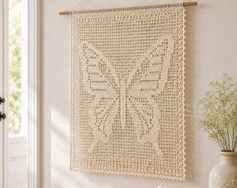 Schmetterling Filet häkeln Wandbehang Muster PDF, Lace Tapisserie Anleitung, Boho Kinderzimmer Dekor Download