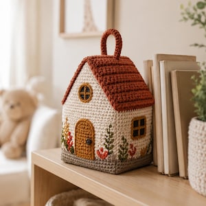 May include: A crochet house-shaped doorstop featuring a cream-colored body, a textured rust-orange roof with a top handle, a mustard-yellow arched door, and embroidered floral details in green, red, and yellow along the base of the structure.