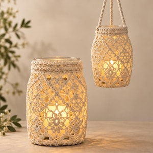 May include: Two glass jars encased in off-white crocheted covers with intricate floral patterns. One jar sits on a surface, while the other hangs by a matching crocheted cord. Both jars contain glowing lights, casting a warm, soft illumination.