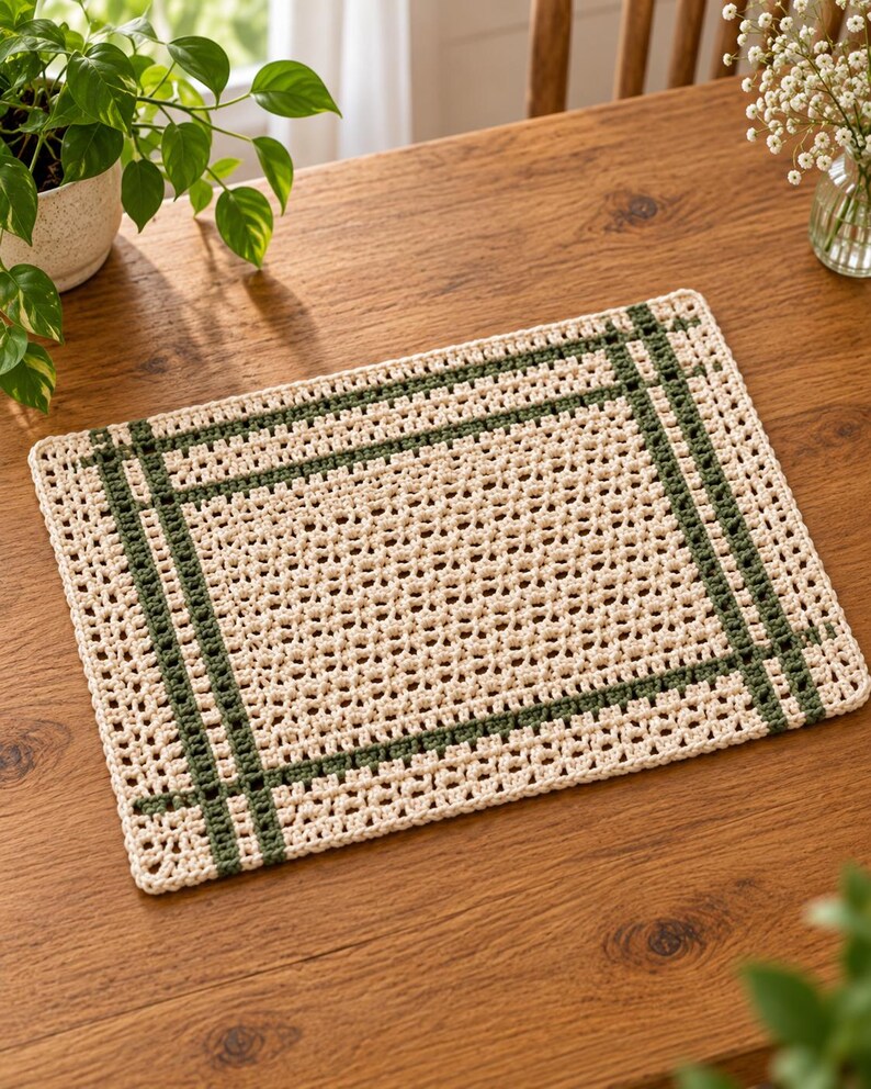 Op de afbeelding: Een rechthoekige gehaakte placemat met een gebroken wit opengewerkt patroon en een donkergroene rand. Het textielaccessoire heeft een rasterachtige structuur met kruisende lijnen van groen garen die een kader rond het midden vormen.