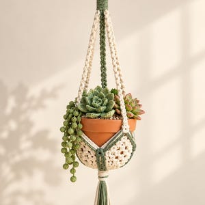 Crochet Plant Hanger Pattern PDF: Ivory and Sage Succulent Sling