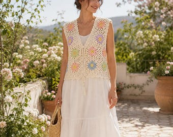 Gehäkelte Daisy Weste PDF Pattern, Floral Grandma Square Weste Anleitung, Boho Sommer Top