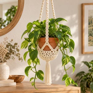 Lace Basket Plant Hanger Crochet Pattern PDF, Ivory Pot Holder with Long Suspension Cords