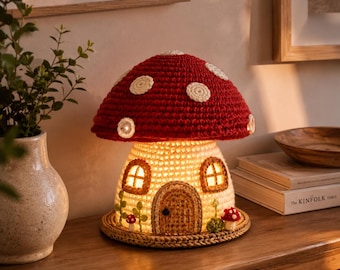 Gehäkelte Pilz Lampe: Feenhaftes Nachtlicht, Cottagecore Woodland Kinderzimmer Dekoration, verzauberter Fliegenpilz Kinder Geschenk (PDF Download)