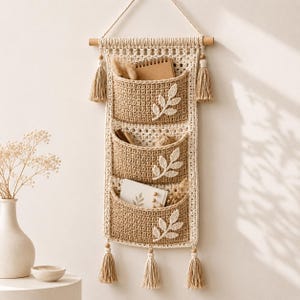 Patrón de organizador de pared a crochet, bolsillo colgante estilo boho en PDF, tutorial de almacenamiento estilo macramé
