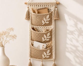 Patrón de organizador de pared a crochet, bolsillo colgante estilo boho en PDF, tutorial de almacenamiento estilo macramé