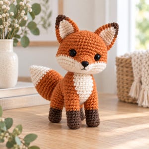 May include: A crochet fox stuffed animal featuring a vibrant orange body, a white chest and muzzle, dark brown paws, and pointed ears with white centers. The fox has black safety eyes and a small black embroidered nose, standing on four legs.