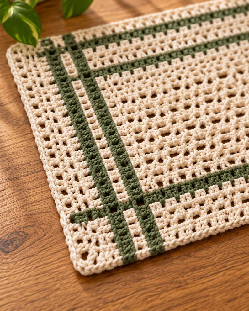 Op de afbeelding: Een rechthoekige gehaakte mat met een gebroken witte basis en een rasterachtig patroon van donker bosgroen garen. Het textiel is gemaakt met een opengewerkt steekontwerp, wat zorgt voor een gestructureerd oppervlak met zichtbare vierkante openingen.