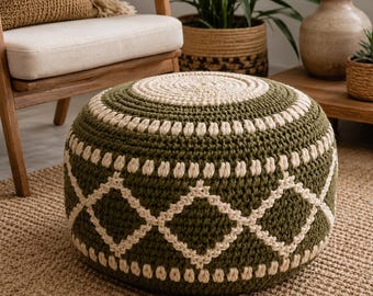 Runder Häkel-Pouf Muster, Boho Boden Ottoman PDF, Chunky marokkanisches Kissen Tutorial