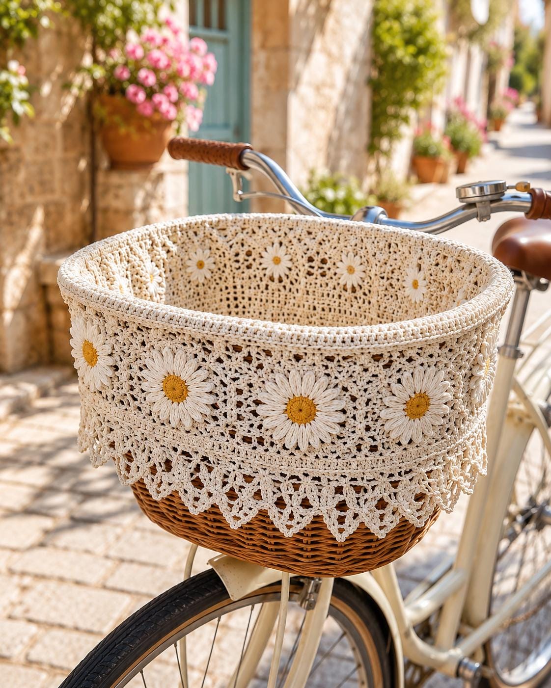 30 Bicycle Crochet Patterns for Bikes, Decor, Gifts, and Cozy Home Projects 27 Daisy Bicycle Basket Cover Pattern