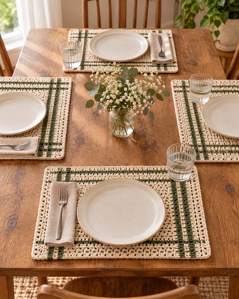Op de afbeelding: Een set rechthoekige gehaakte placemats met een cr&egrave;mekleurige basis en donkergroene strepen in ruitpatroon. Elke placemat is op een houten tafel gerangschikt met een wit keramisch bord, een beige linnen servet, een zilveren vork en een glas.