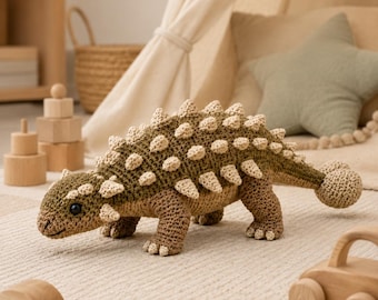 Patrón de ganchillo de Ankylosaurus, amigurumi de dinosaurio acorazado, PDF de peluche realista y adorable, tutorial de juguete de peluche prehistórico, regalo para decoración de guardería