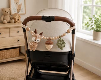 Gehäkelte Kinderwagengirlande Muster PDF, Amigurumi Rehkitz Eichel Blatt, Holzperle Kinderwagen Spielzeug, Woodland Kinderzimmer Dekor