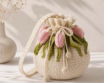 Gehäkelte Tulpe Kordel Geldbörse PDF Muster, Floral Bucket Bag Tutorial, Frühling Beutel, Botanisches Accessoire, sofort Download