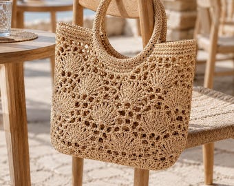 Strandtasche Häkelanleitung, Boho Bast Sommertasche, Lace Muschel Stitch Portemonnaie PDF, Runder Griff Handmade Anleitung, Urlaub Markt Geschenk