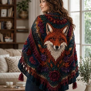 May include: A triangular crochet shawl featuring a prominent, detailed fox head motif in shades of orange, white, and black. The shawl is crafted with intricate floral and leaf patterns in deep tones of burgundy, forest green, and navy blue, finished with tassels.