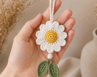 Daisy Hanging Ornament Crochet Pattern, Floral Car Charm PDF, Boho Wall Decor Tutorial