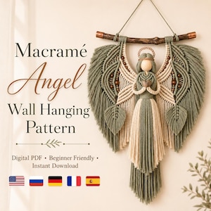 May include: A macramé angel wall hanging featuring sage green and cream cotton cord, a wooden bead head, a halo, and a branch support. Text reads: Macramé Angel Wall Hanging Pattern, Digital PDF, Beginner Friendly, Instant Download.