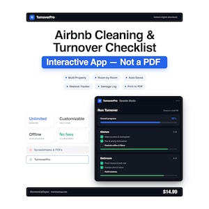 Lista de verificación de limpieza y gestor de rotación de Airbnb · Aplicación interactiva para anfitriones de alquileres a corto plazo · Herramienta editable para múltiples propiedades · Imprime en PDF