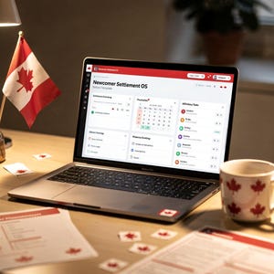 May include: A laptop displaying a Newcomer Settlement OS Notion template, accompanied by a Canadian flag, a white mug with red maple leaf patterns, and several printed documents featuring the same maple leaf motif on a desk.
