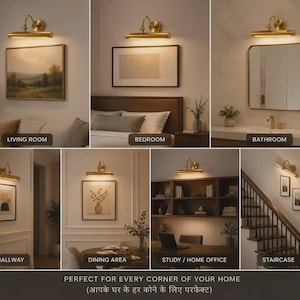 May include: A gold-toned wall-mounted picture light fixture with a cylindrical lamp head and an adjustable arm. The light is shown installed above artwork, mirrors, and shelves in various rooms, emitting a warm, downward-facing glow.
