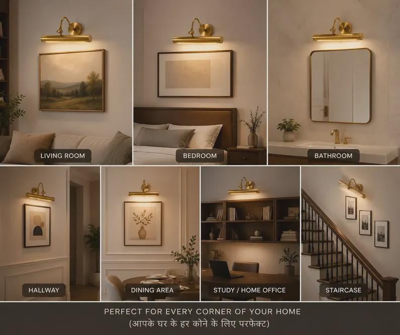 May include: A gold-toned wall-mounted picture light fixture with a cylindrical lamp head and an adjustable arm. The light is shown installed above artwork, mirrors, and shelves in various rooms, emitting a warm, downward-facing glow.
