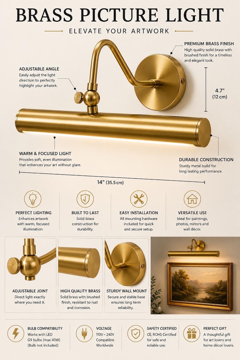 May include: A brass picture light with a brushed finish, featuring an adjustable angle joint, a cylindrical light housing, and a circular wall mount. The fixture measures 14 inches in length and 4.7 inches in height, designed for G9 bulbs.