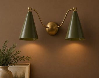 Mid-Century Modern Brass Wall Sconce – Double Cone Design with Olive Green Shades