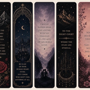 May include: A collection of five fantasy-themed bookmarks with dark backgrounds and intricate designs. Each bookmark features quotes and imagery of mountains, castles, moons, stars, roses, and figures. The colour palette includes black, gold, and shades of purple and pink.