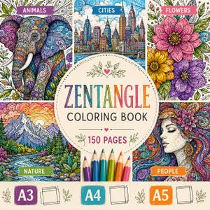 Może przedstawiać: Kolorowanka Zentangle zawierająca 150 stron z czterema sekcjami: Zwierzęta, Miasta, Kwiaty i Natura. Okładka przedstawia kolorowe, skomplikowane wzory, portret oraz sześć kredek. Widoczne oznaczenia formatów A3, A4 oraz A5.