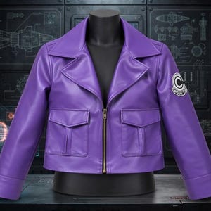 Purple Faux Leather Anime Cosplay Jacket, Capsule Corp Embroidered Vegan Leather Coat, Future Trunks Gamer Streetwear Outerwear